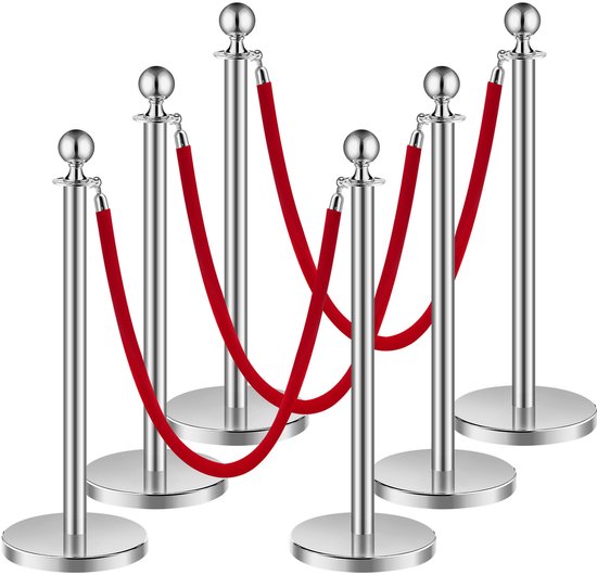 Poteaux de clôture, 6 poteaux en acier inoxydable - avec 3 Cordons en velours rouge - adaptés aux fêtes et Événements