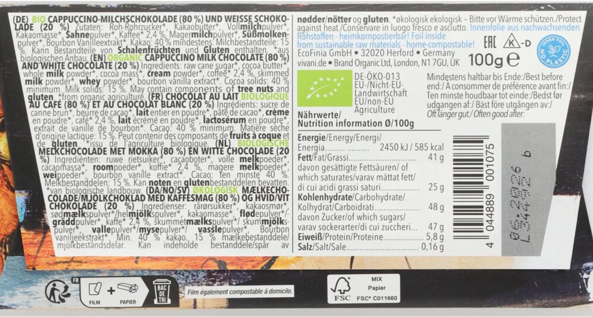 Vivani Chocoladereep Melk en Wit Cappuccino - 10 x 100 gr - Voordeelverpakking