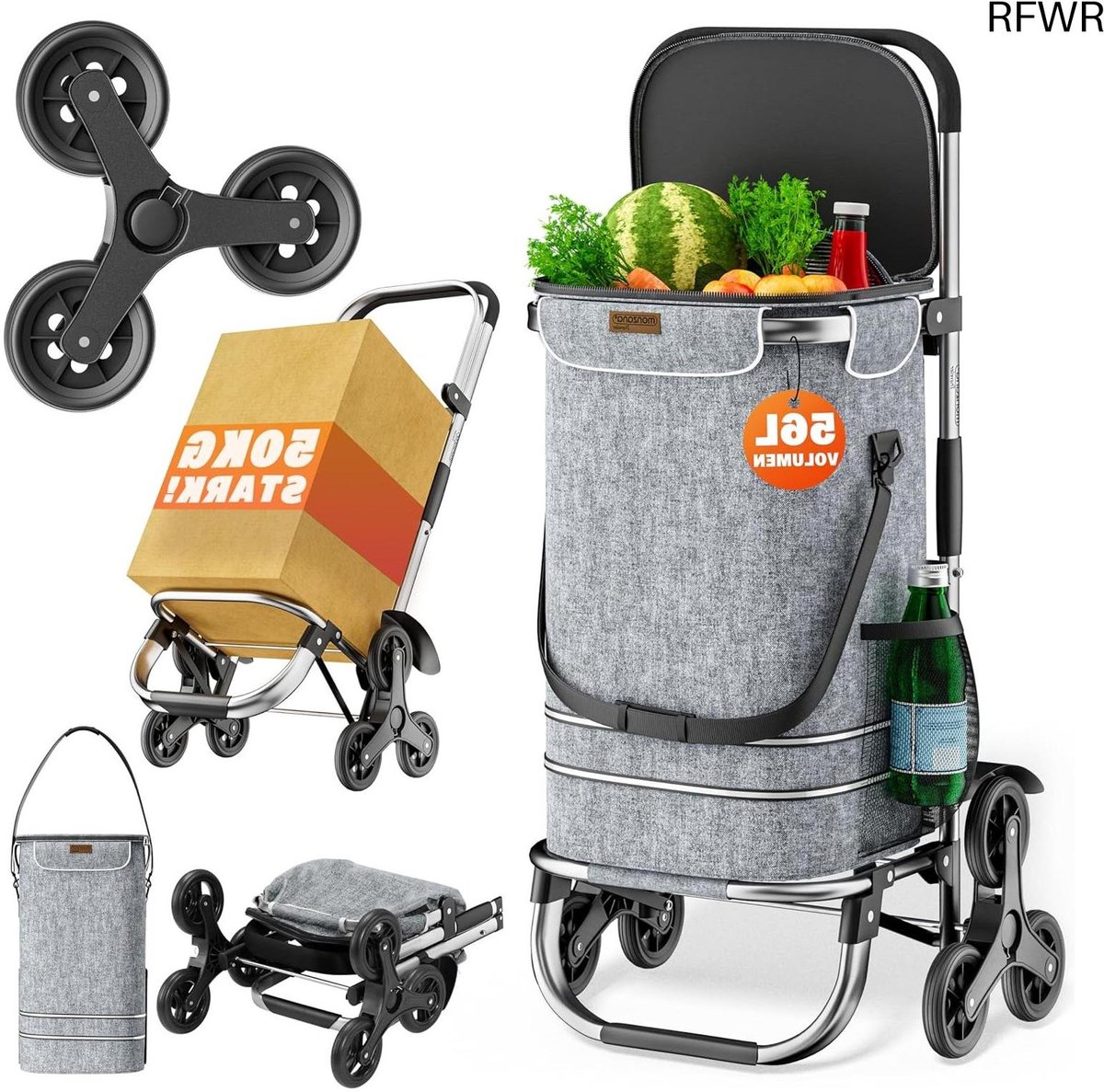 RFWR® Inklapbare 2-in-1 Boodschappentrolley met Trapklimfunctie en 50kg Draagvermogen
