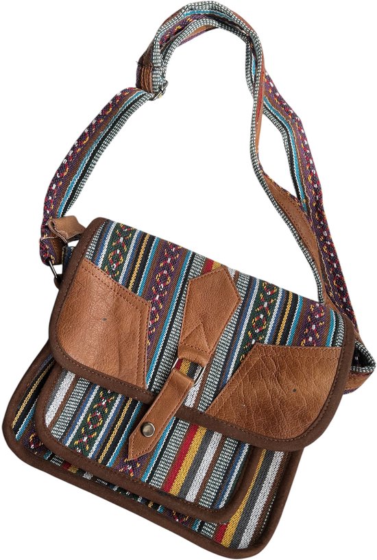 Sac bandoulière en coton et cuir - Népal - coloré
