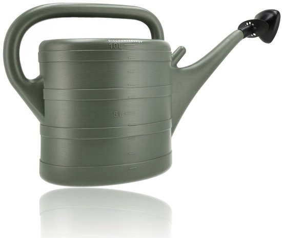 Donkergroene gieter met markeringen voor 5L en 10L, een brede handgreep en een zwarte sproeikop.