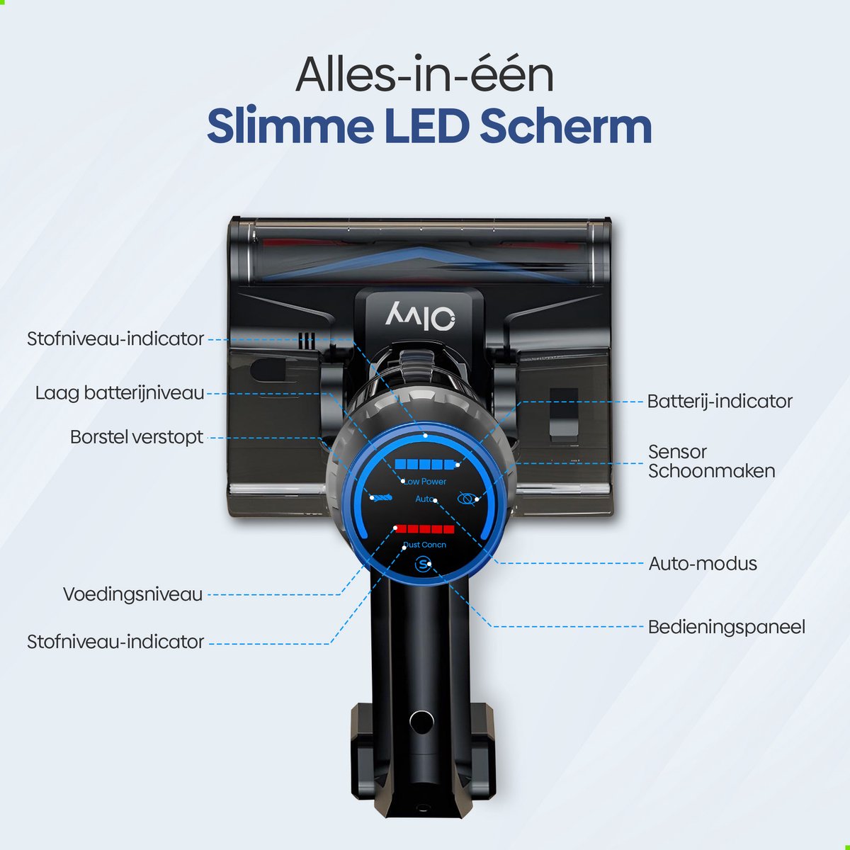 Olvy Steelstofzuiger Draadloos - 2 Accu's - Met Dweilfunctie - 5 Zuigniveaus - Vacuum Cleaner - Draadloze Snoerloze Stofzuiger - Zonder Zak - Op Accu - 350W - 35Kpa - Kruimeldief — afbeelding 7