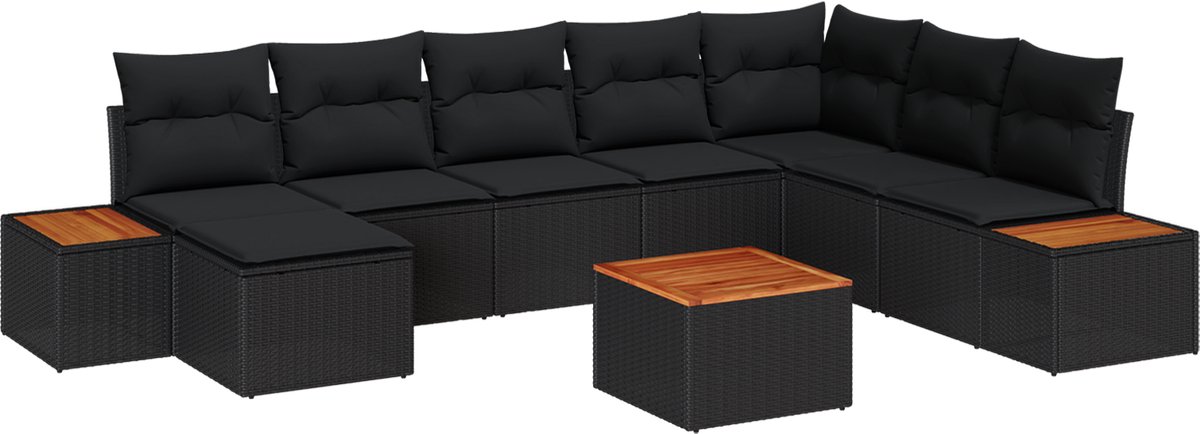 vidaXL - Tuinbank - Set - met - kussen - 9 - pcs - Zwart - Poly - rattan