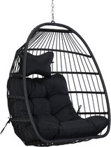 Basket Hangstoel Symphony - Zwart Wicker - Zwart Touw - Zwart Kussen- Opvouwbaar - Voor Binnen en Buiten