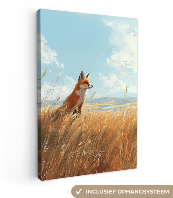 Canvas schilderij 80x120 cm - Exclusieve wanddecoratie Vos - Gras - Wolken - Oranje - Muurdecoratie woonkamer - Slaapkamer decoratie - Kamer accessoires - Schilderijen op canvas
