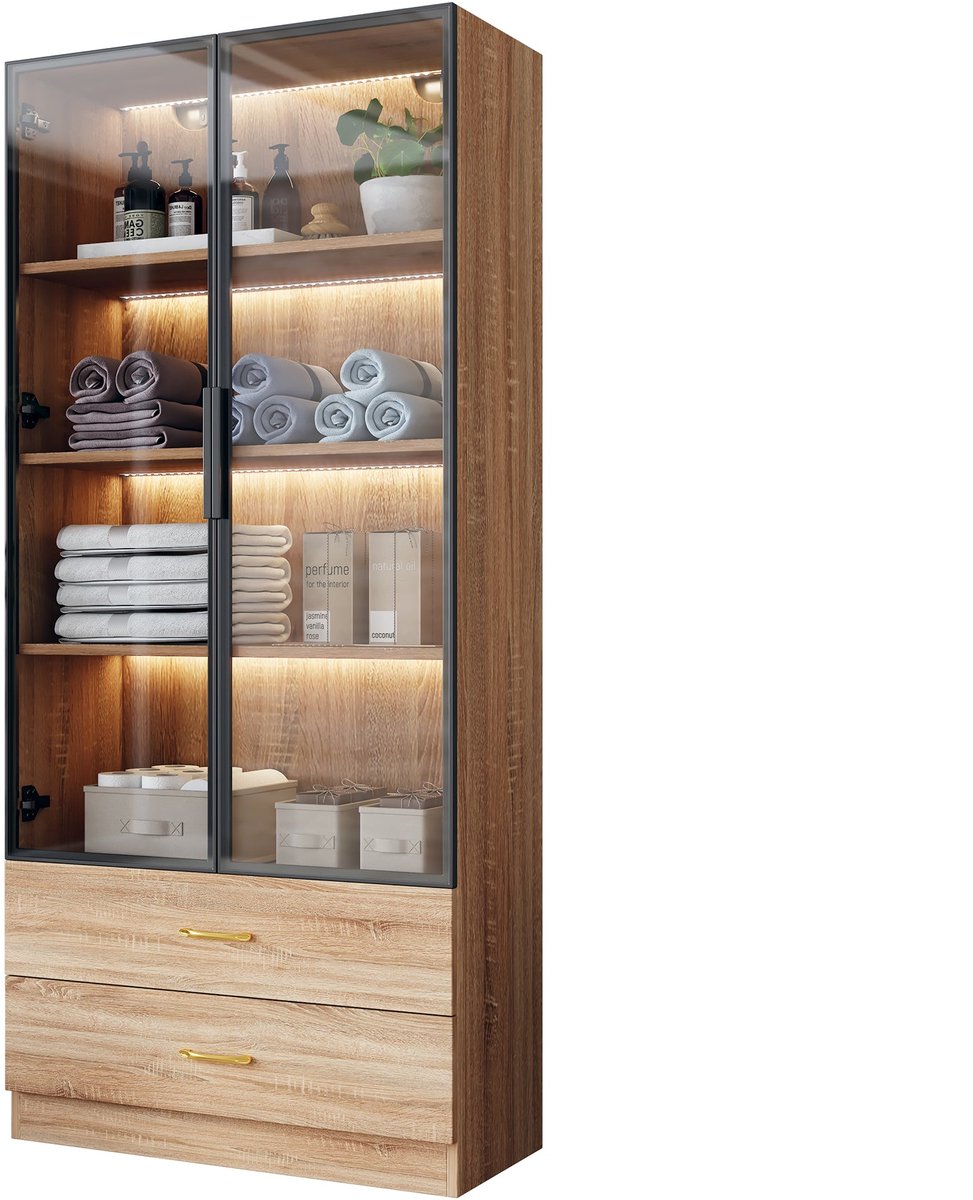 Merax Badkamerkast Met Verlichting – 75 cm Breed – Hoge Kast Met 2 Lades en Glazen Deur – Opbergkast MDF – Bruin