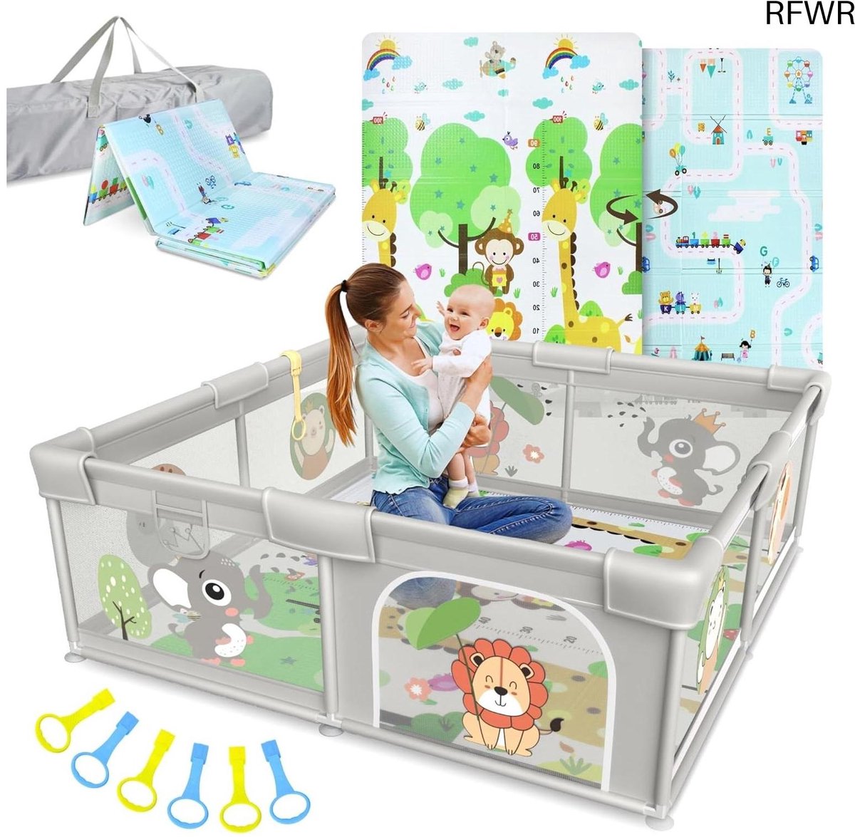 RFWR® Babybox voor veilige speeltijd met gewatteerd tapijt, 150 x 180 cm en handgrepen