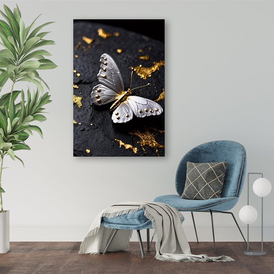 Papillon argenté sur pierre noire - Peintures sur verre papillon - Art mural animaux - Hyperréalisme - Art sur plexiglas - Peintures sur verre uniques - verre acrylique 30x45 cm