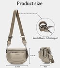 Beige Eleganci heuptas van zacht vegan leer met verstelbare schouderband en ritsvak. Afmetingen: 20.5cm breed, 17.5cm hoog, 9cm diep.