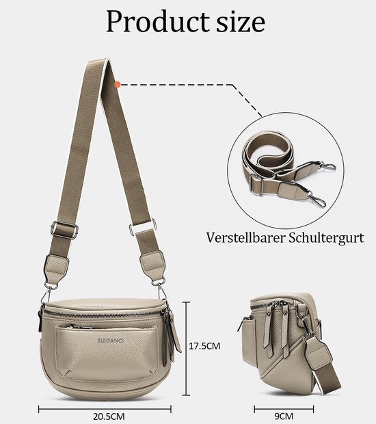 Beige Eleganci heuptas van zacht vegan leer met verstelbare schouderband en ritsvak. Afmetingen: 20.5cm breed, 17.5cm hoog, 9cm diep.