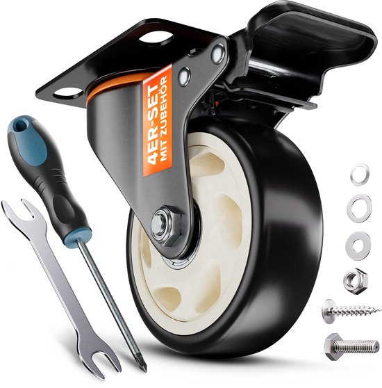 Set van 4 heavy duty wielen met rem, transportwielen 75 mm, wielen zware belasting 500 kg, industriële wielen van massief rubber en geruisloos