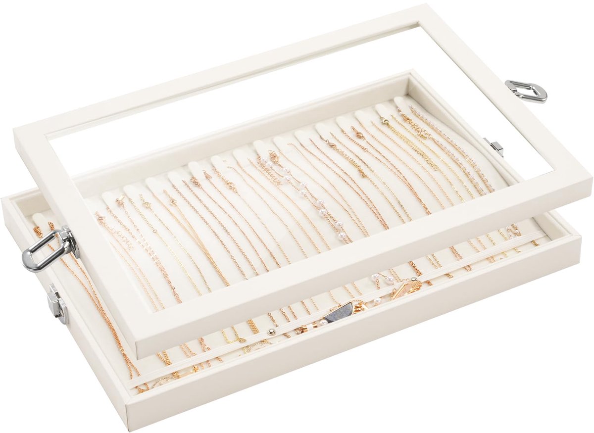 Lolalet Sieradenlade Organizer met Deksel, 18 Haken, Fluwelen Ketting Organizer, Opbergdoos voor Lade, Sieradendoos, Sieraden Organizer Lade, Sieraden Opberglade voor Ketting - Beige