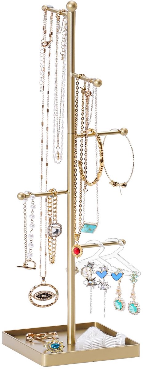 Lolalet 6-laags sieradenstandaard, sieradenorganizer T-bar boomhouder kettingarmband hangende metalen displaystandaard met ring- en accessoirelade voor vrouwen en meisjes - goud