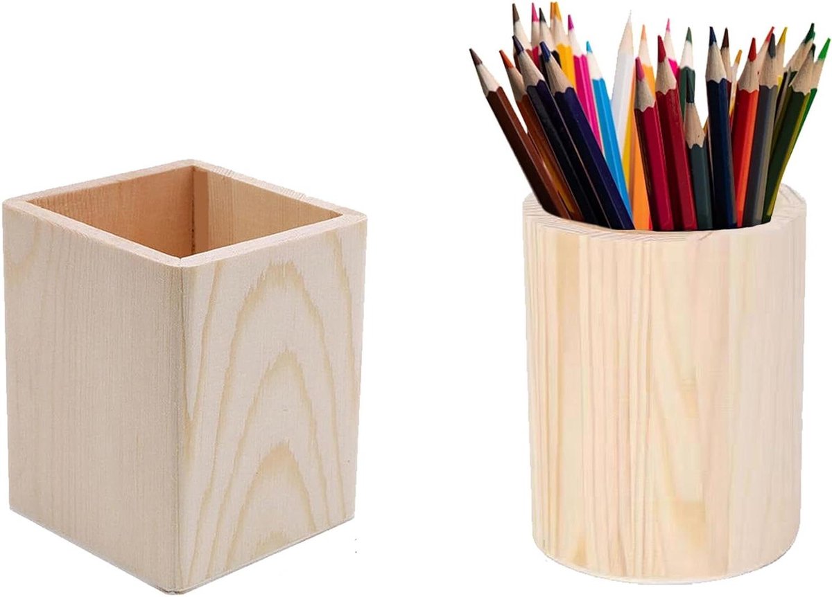 Allecto Plus - Houten Pennenbakjes (2 Stuks) - Ronde & Vierkante Pennenhouder - Doe-het-zelf - Kantoor & Make-upkwasten Opberger