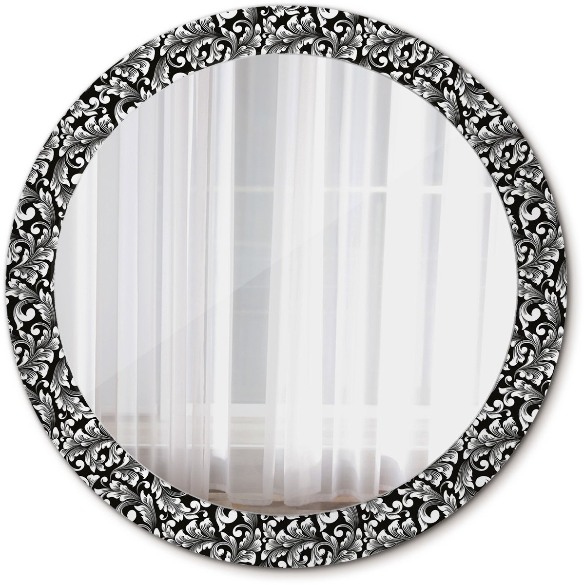 Tulup Spiegel - Ronde vorm Spiegel - op gehard Glas - Ornament - Diameter: 80 cm - Decoratieve spiegel met patroon - Woonkamerspiegel - Inloopkastspiegel - Hal - Zwart-Witte - Luxe Spiegel - Moderne Spiegel - Wandmontage