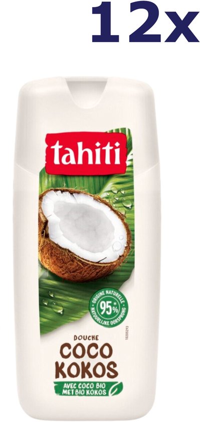 12x Tahiti gel douche coco, 95% d'origine naturelle. Une moitié de noix de coco sur une feuille de bananier.