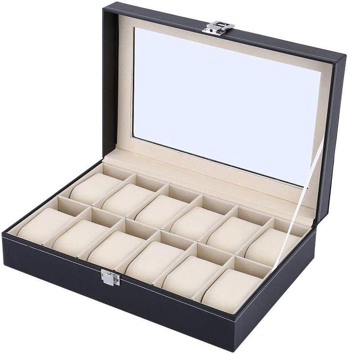 Opbergdoos voor 12 horloges met deksel van PU-leer voor heren - Zwart 30.3 x 12.2 x 8 cm - Ruime horlogebox met deksel