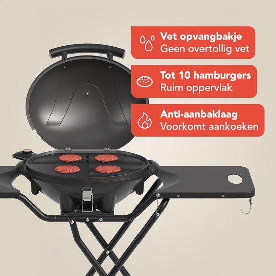 KitchenBrothers Elektrische BBQ - Opvouwbaar - Barbecue met Wielen - Anti-aanbaklaag - Zijtafels - tot 250°C - 2400W - Zwart