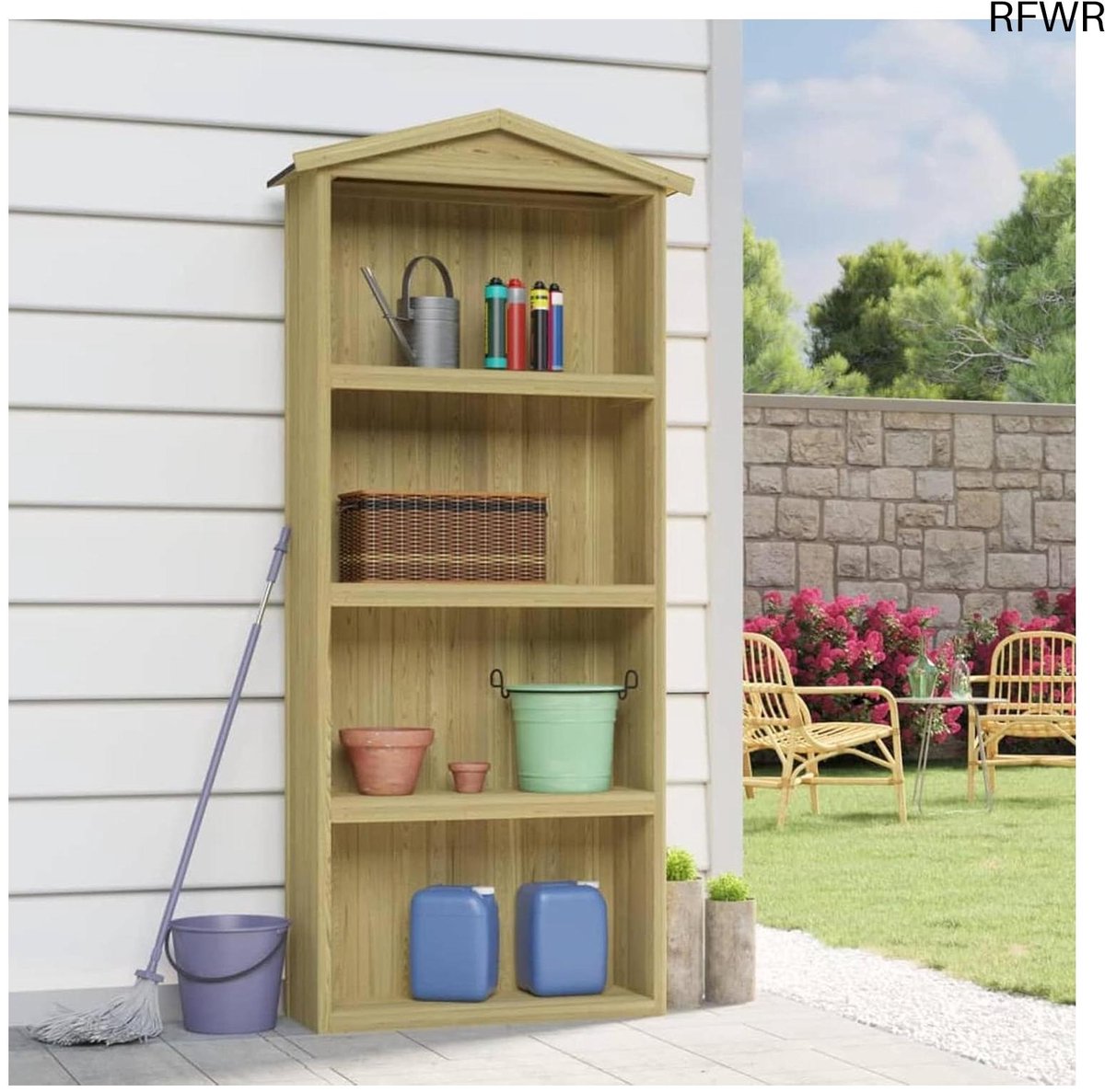RFWR® Gereedschapsschuur met 4 open planken - Duurzaam en Weerbestendig met Geïmpregneerd Grenenhout - 89 x 33 x 222 cm