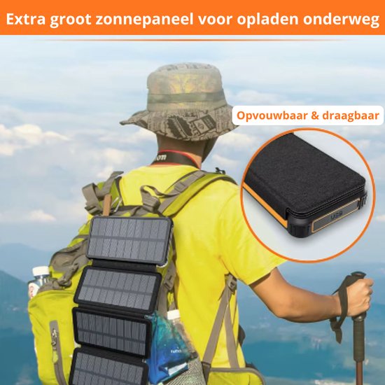 Zonne-energiebank 20000mAh draagbare zonnelader voor mobiele telefoontabletten Dual USB externe back-up batterijlader met LED-zaklamp voor noodgevallen: Camping Hiking Buitenshuis(zwart