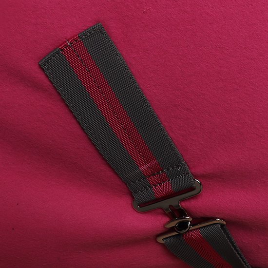 Sluiting van de roze paardendeken met grijze en rode band.