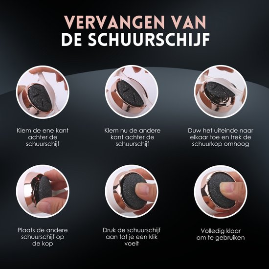 Stapsgewijze illustratie van hoe de schuurschijf van de eeltverwijderaar te vervangen. Toont handen die de schuurschijf vastpakken en plaatsen.