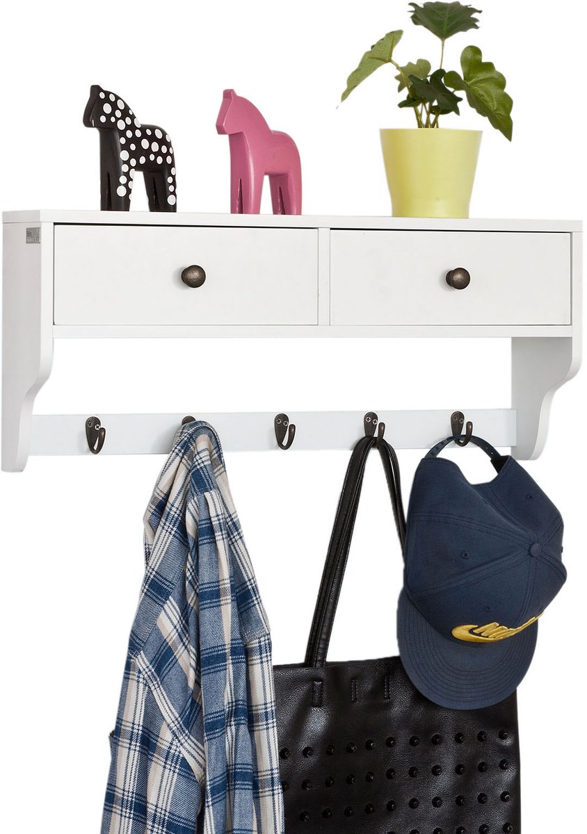 SoBuy FRG178-W Wandkapstok - Wit met Laden & Plank, Muurhangers