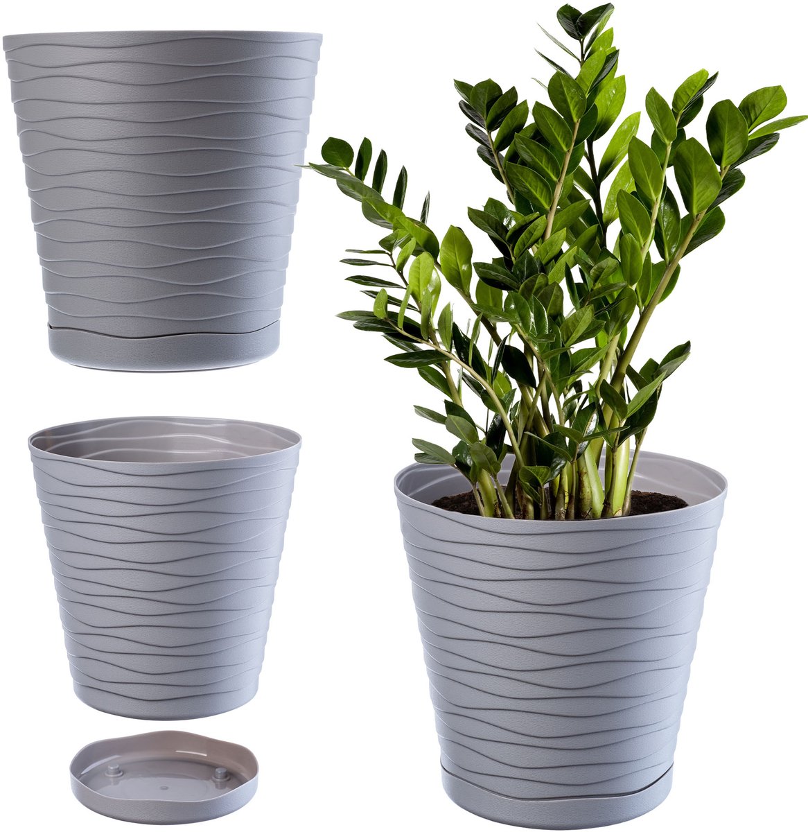 Kadax bloempot met onderzetter, voor binnen, lichte bloempot van hoogwaardig kunststof, ronde bloempot voor bloemen, planten, huis