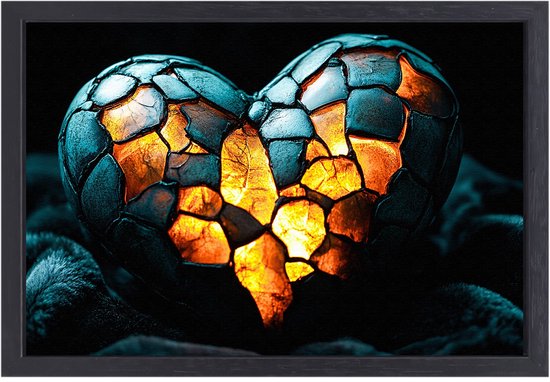 Une œuvre d'art encadrée d'un cœur brisé avec des fissures orange incandescentes dans un environnement sombre.