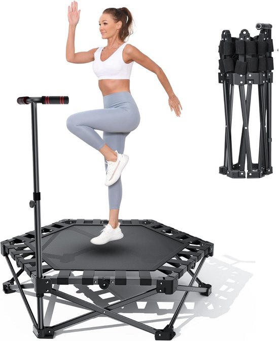 Vrouw met witte sporttop en grijze legging springt op een zwarte, zeshoekige fitness trampoline met handvat. Inklapbare versie ernaast.