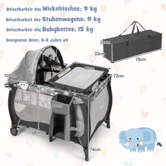 COSTWAY 5-in-1 babybed, draagbaar bijzetbed, reisbed met opvouwbaar matras, luiertafel, baldakijn, speelboog en muziekdoos, wieg met wieltjes, draagtas voor baby's tot 36 maanden (grijs) van COSTWAY — afbeelding 2