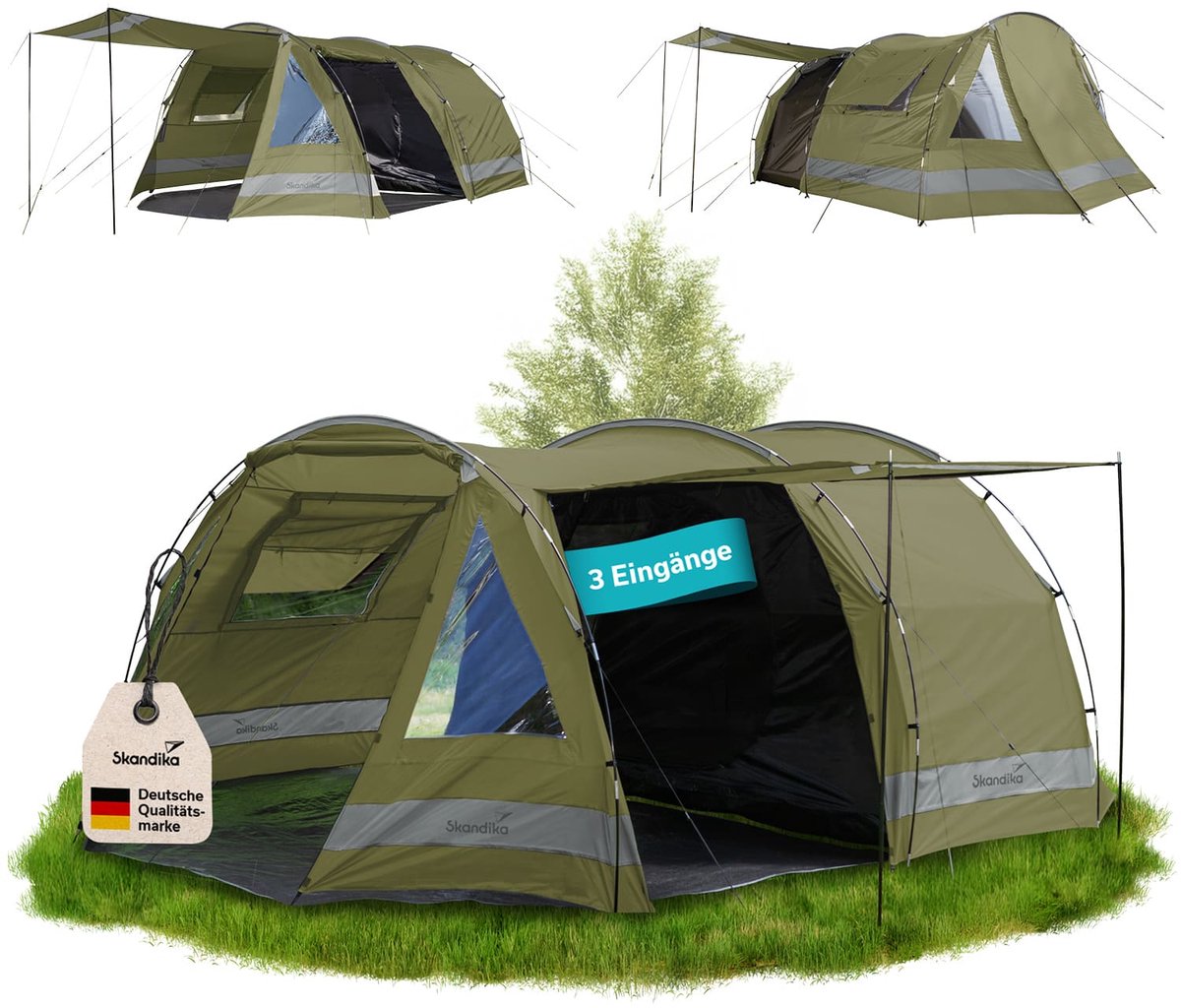 Skandika Kambo 4 Tent – Tunneltenten – Campingtent – Voor 4 personen – 3 ingangen - Tunneltent – Muggengaas – 1 slaapcabine – 420 x 275 x 165 cm (L x B x H) - 3000 mm waterkolom – Outdoor, Camping, Tuin – Kamperen – groen/zwart
