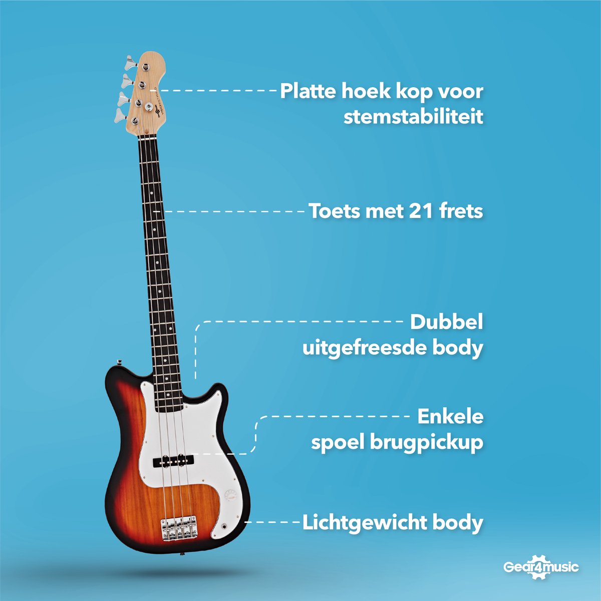 VISIONSTRING Elektrische Basgitaar met 10W Versterker - - Beginnerspakket met Draagtas, Kabel, Gitaarband, Plectrum, StemapparaatSunburst thumbnail 2