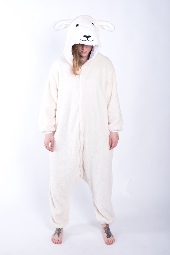 KIMU Onesie Schaap Pak - Maat M-L - Schapenpak Kostuum Wit Lammetje Ooi 170 176 - Pyjama Zacht Fleece Huispak Jumpsuit Dames Heren Sinterklaas Kado
