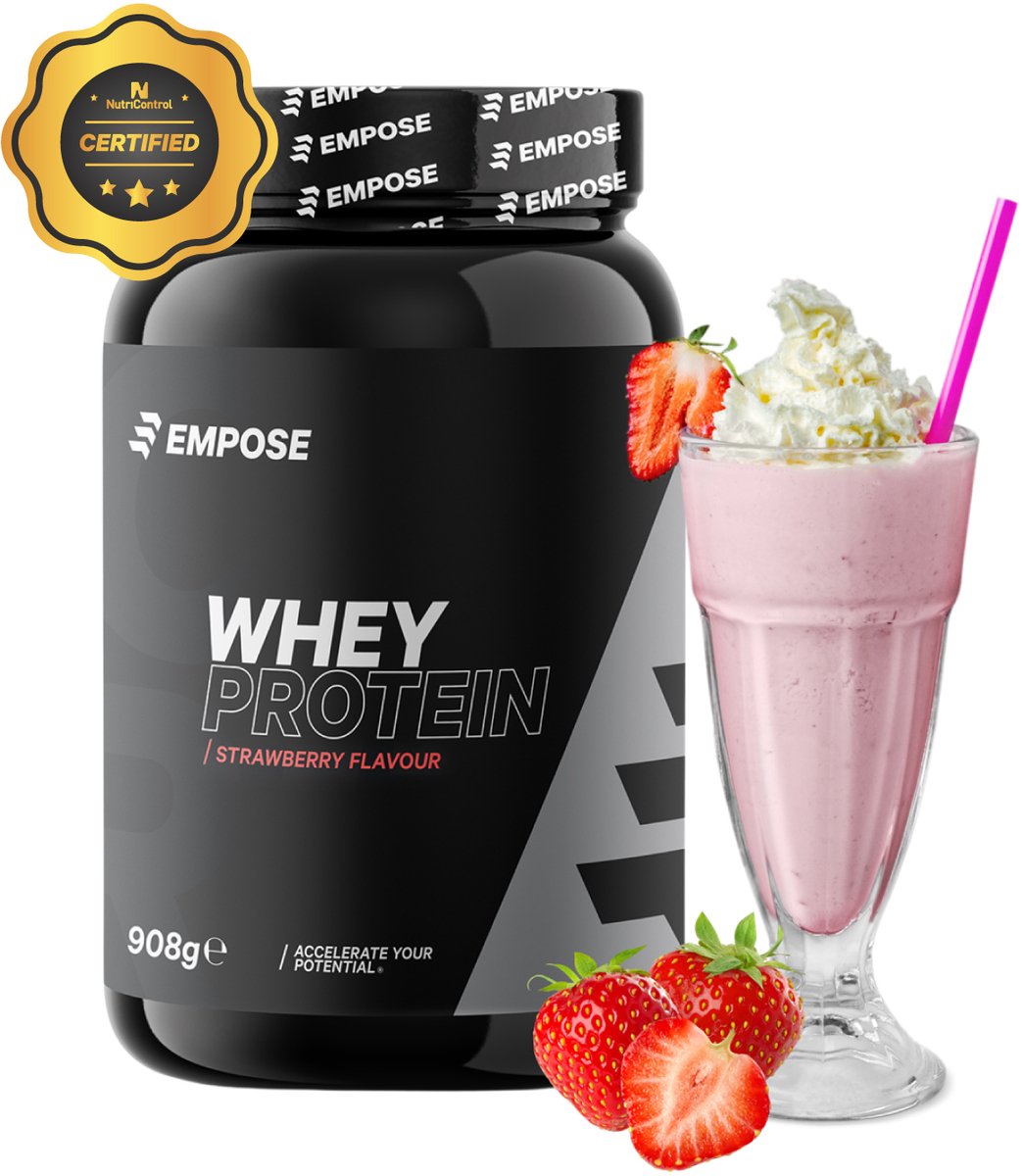 Goedkoopste Empose Nutrition Whey Protein - Proteine Poeder - Proteïne Shake - Eiwitpoeder - Proteïne Shake - Aardbei - 908 gram - 30 doseringen