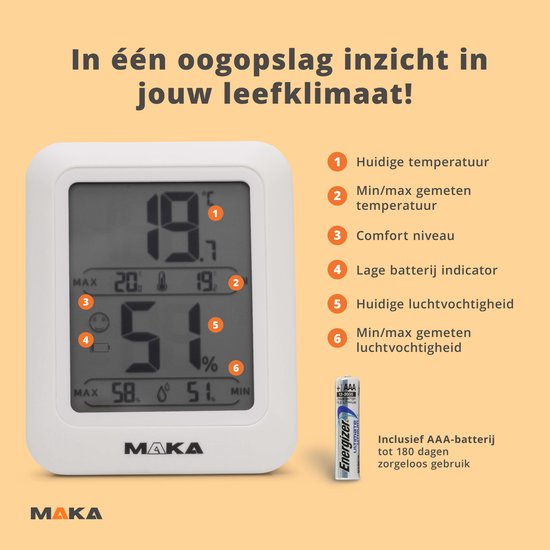 MAKA digitale hygrometer met gedetailleerde uitleg van de functies op het display: temperatuur, luchtvochtigheid en comfortniveau. 19.7°C, 51%.