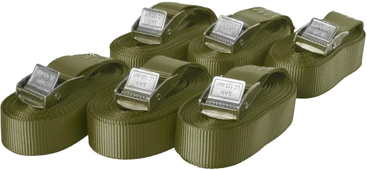 Sandax 6X spanbanden met klemsluiting in een set, 6m lang, 25mm breed, olijfgroen, spanbanden met klemsluiting kort, draagvermogen tot 250kg, DIN EN 12195-2, eendelige spanbanden klemsluitingsbanden