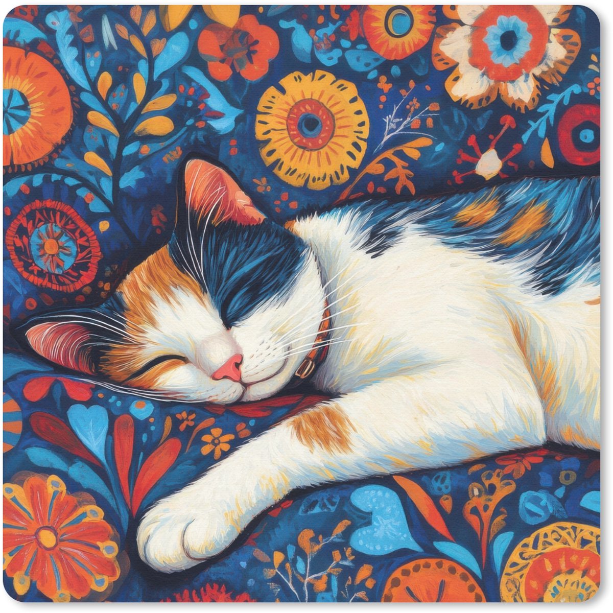Muismat 30x30 cm - Mousepad Kat - Bloemenpatroon - Blauw - Oranje - Muismatten