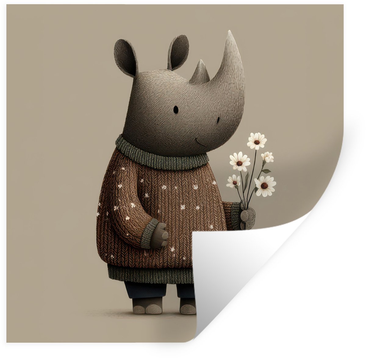 Muurstickers - Sticker Folie - Neushoorn - Witte bloemen - Lief - 80x80 cm - Plakfolie - M