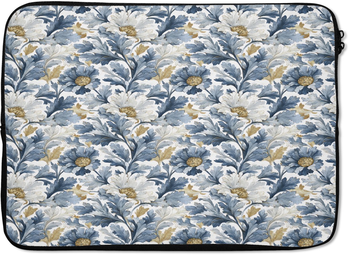 Laptophoes 14 inch - Bloemen - Wit - Blauw - Laptop sleeve - Binnenmaat 33x23 cm - Zwarte achterkant
