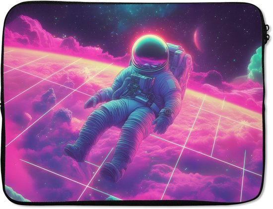 Laptophoes 17 inch - Astronaut - Neon - Roze - Wolken - Laptop sleeve - Binnenmaat 41x28 cm - Zwarte achterkant