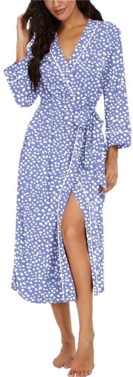 Dames Kimono Badjas - Lichtgewicht - Met 3/4 Mouwen - Voor Loungewear en Sauna - Gespikkeld Blauw - Maat XL