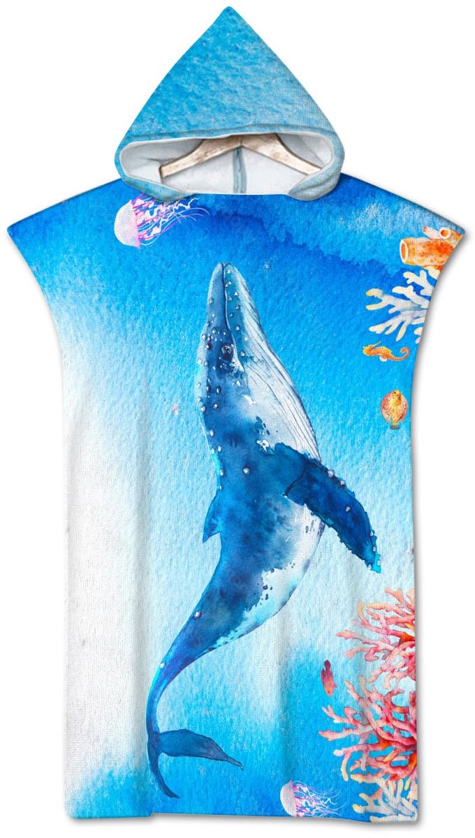 Microvezel Strandponcho - Sneldrogend met Capuchon en Onderwaterwereld Print - Voor Volwassenen en Kinderen - Blauwe Walvis - 75x110 cm