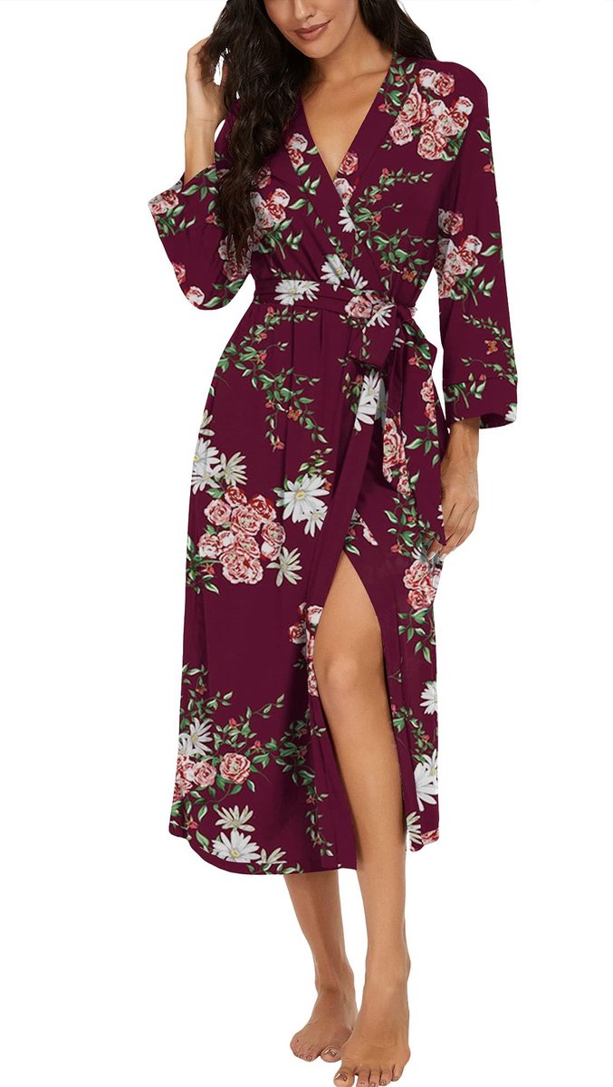Dames Kimono Badjas - Gebreid - Met V-hals en 3/4 Mouwen - Lang - Meerkleurig Wijnrood - Maat M