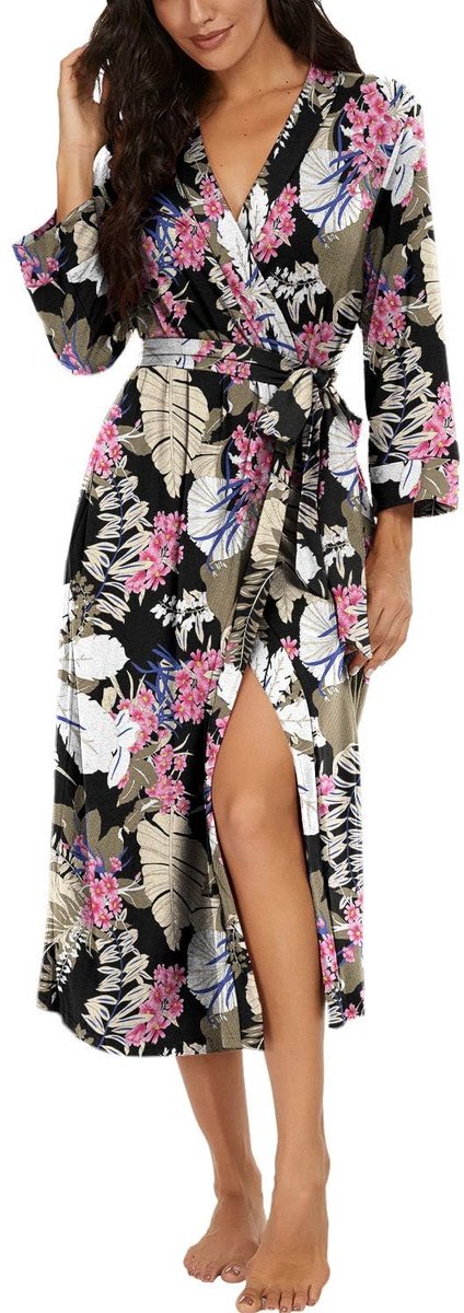 Dames Kimono Badjas - Gebreid - Met V-hals en 3/4 Mouwen - Voor Nachtkleding en Wellness - Roze met Bladprint - Maat S