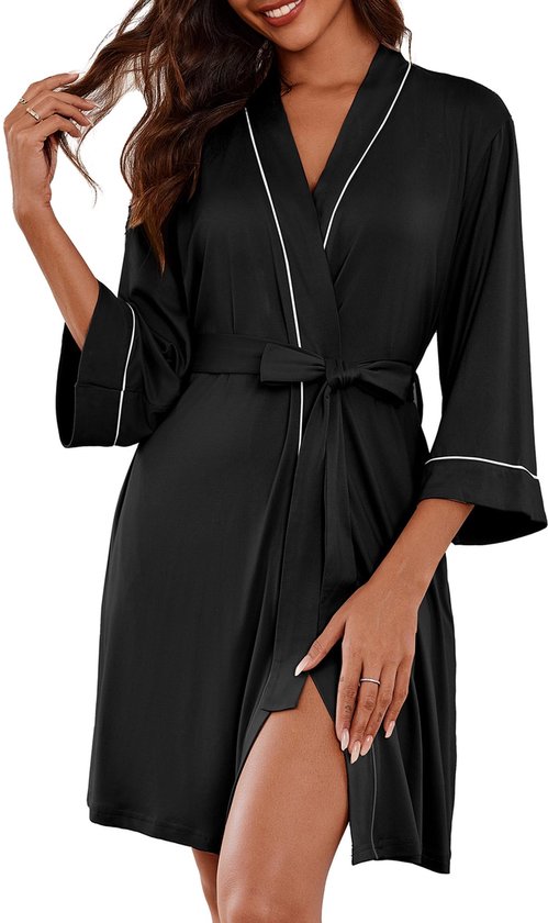 Ekouaer Kamerjas Dames Lichtgewicht Badjas Korte Kamerjas Zomer 3/4 Mouw Loungewear, Zwart, S