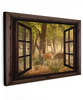 Tuinschilderij voor buiten 60x40 cm - Tuindecoratie Herten - Bos - Herfst - Bosdieren - Natuur - Hert - Doorkijk - Tuinposter op canvas - Tuin muurdecoratie - Buitenschilderij decoratie - Schutting wanddecoratie - Buitencanvas