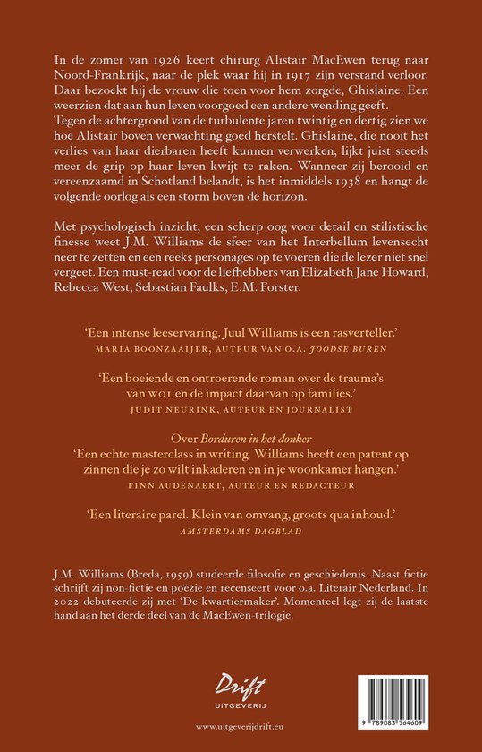 Achterkant van het boek 'Hier en aan de overkant' met een recensie en informatie over de auteur J.M. Williams.