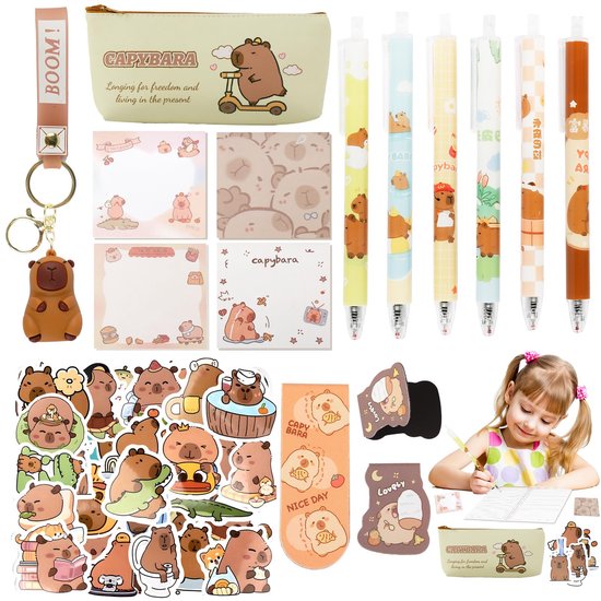 Capybara Etui voor Schrijfwaren met Vakken - Esthetische Set voor Jongens en Meisjes, Schoolbriefpapier in Lichte Koffie