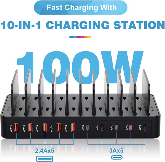 Zwart 10-in-1 laadstation met 100W snelladen. Elke poort is duidelijk gemarkeerd.